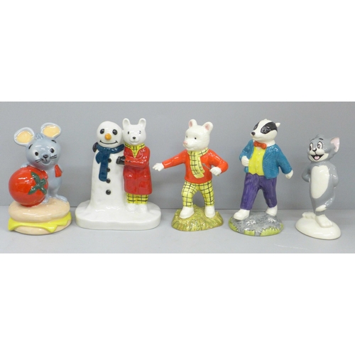 604 - A Wade Rupert and the Snowman, Royal Doulton Rupert, a/f, a Beswick Bill Badger and Tom and a Wade D... 