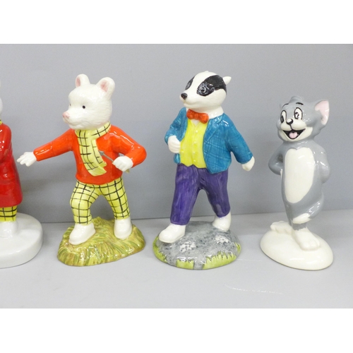 604 - A Wade Rupert and the Snowman, Royal Doulton Rupert, a/f, a Beswick Bill Badger and Tom and a Wade D... 