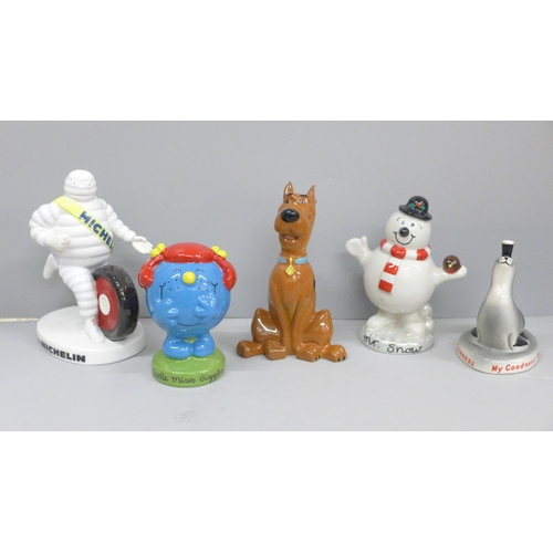 605 - Five figures, Royal Doulton Bibendum with certificate, Wade Mr Snow, Little Miss Giggles, Scooby Do ... 