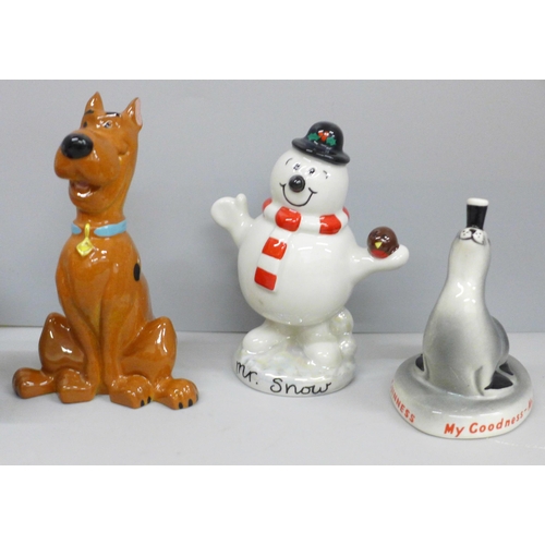 605 - Five figures, Royal Doulton Bibendum with certificate, Wade Mr Snow, Little Miss Giggles, Scooby Do ... 