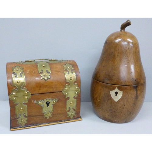 615 - A 19th Century style treen pear shaped tea caddy and a Victorian walnut and brass mounted domed top ... 