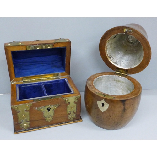 615 - A 19th Century style treen pear shaped tea caddy and a Victorian walnut and brass mounted domed top ... 