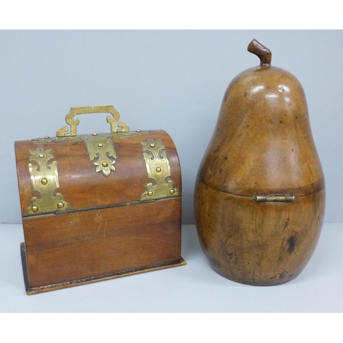 615 - A 19th Century style treen pear shaped tea caddy and a Victorian walnut and brass mounted domed top ... 