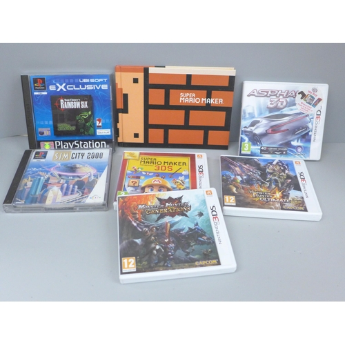 633 - Four Nintendo 3DS games including Mario Maker, with book, and two Playstation games, Sim City 2000 a... 