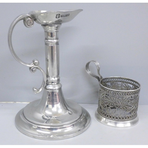 635 - An Art Nouveau style pewter chamber candle holder by Thomas Williams and a silver plated Russian cup... 