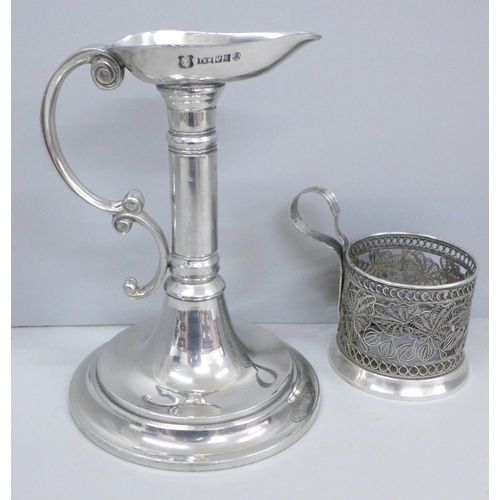 635 - An Art Nouveau style pewter chamber candle holder by Thomas Williams and a silver plated Russian cup... 