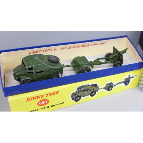 639 - Two Dinky Toys model vehicles - 698 Supertoys gift set, and 697 25-pounded field gun set (both repro... 