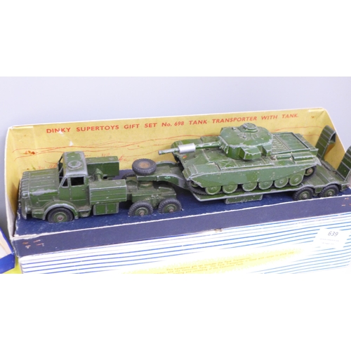 639 - Two Dinky Toys model vehicles - 698 Supertoys gift set, and 697 25-pounded field gun set (both repro... 