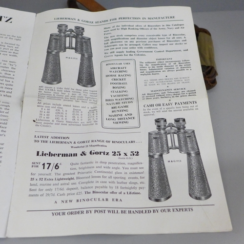 648 - A collection of vintage binocular and binocular case straps and a Lieberman & Gortz catalogue