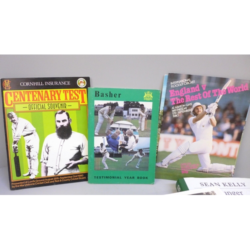 649 - A Sean Kelly autobiography, Hunger, signed and cricket programmes, one photo signed by Dennis Amiss