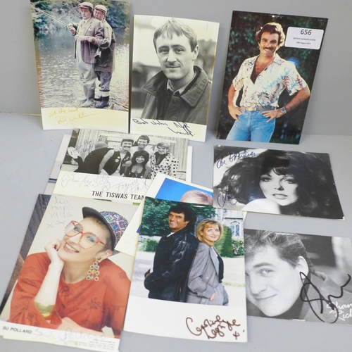 656 - Show business autographs including Tom Selleck, Leslie Nielsen, Status Quo, Tiswas team, Paul Whiteh... 