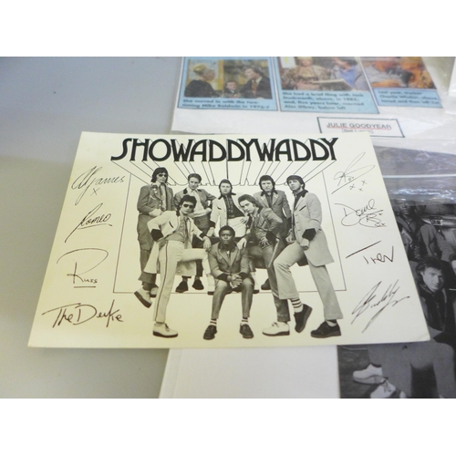 656 - Show business autographs including Tom Selleck, Leslie Nielsen, Status Quo, Tiswas team, Paul Whiteh... 