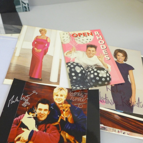 656 - Show business autographs including Tom Selleck, Leslie Nielsen, Status Quo, Tiswas team, Paul Whiteh... 