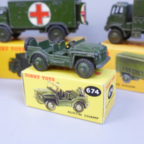 657 - Five original Dinky Toys military vehicles including, Ambulance, a 10-ton Army Truck, Austin Champ e... 