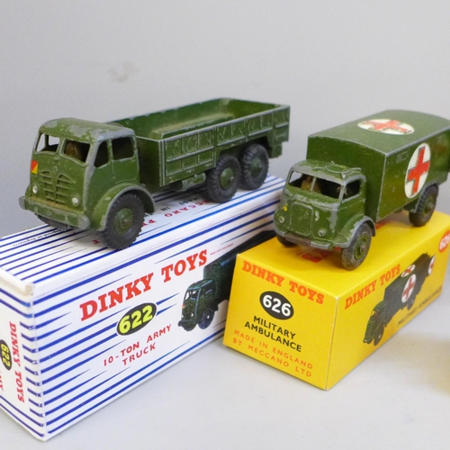 657 - Five original Dinky Toys military vehicles including, Ambulance, a 10-ton Army Truck, Austin Champ e... 