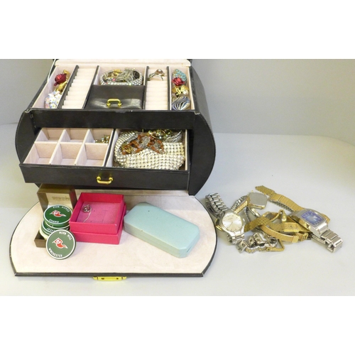 659 - A case of costume jewellery and wristwatches including lady's Seiko and Rotary