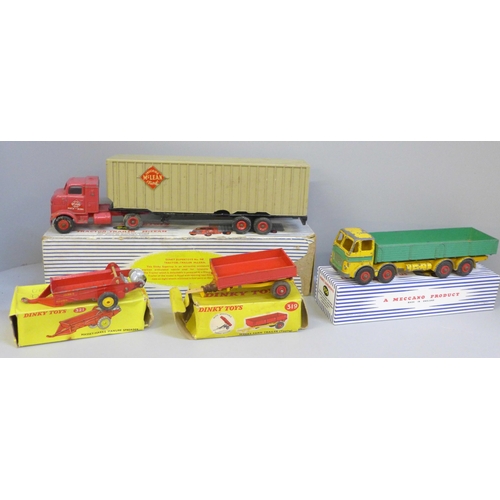 665 - A Dinky Toys Massey-Harris manure spreader, Weeks Farm Trailer, a Dinky Supertoys 948 (a/f) and a 93... 