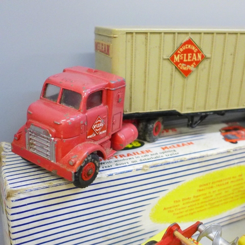 665 - A Dinky Toys Massey-Harris manure spreader, Weeks Farm Trailer, a Dinky Supertoys 948 (a/f) and a 93... 