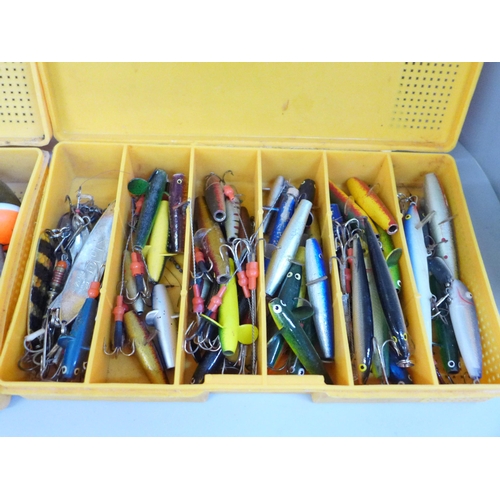 671 - A case of fishing lures, a case of weights, swivels and a case of hooks