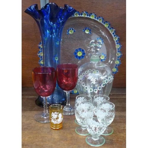 690 - A blue wavy edge glass vase, a continental glass liqueur set with enamel decoration (five glasses), ... 