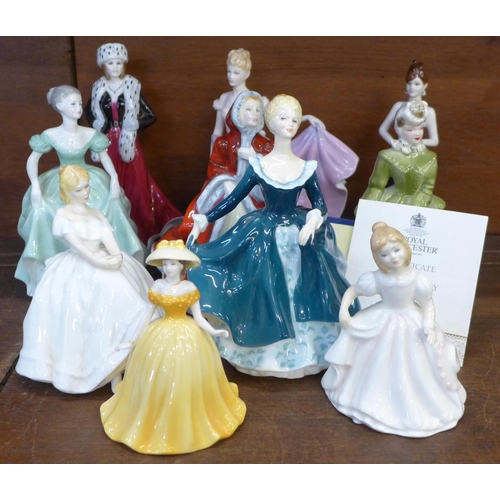 698 - Eleven figures including Coalport Henrietta, Stunning in Black, Debutante Abbie, Royal Worcester Ale... 