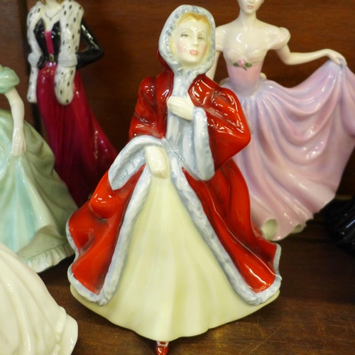 698 - Eleven figures including Coalport Henrietta, Stunning in Black, Debutante Abbie, Royal Worcester Ale... 