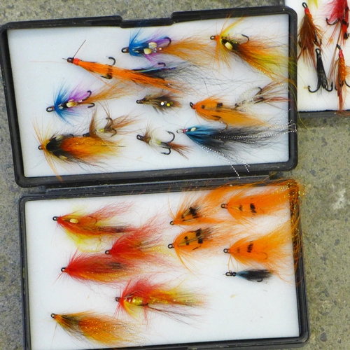 715 - A Lureflash fly tying kit and eight boxes of fishing flies in a fishing tackle bag