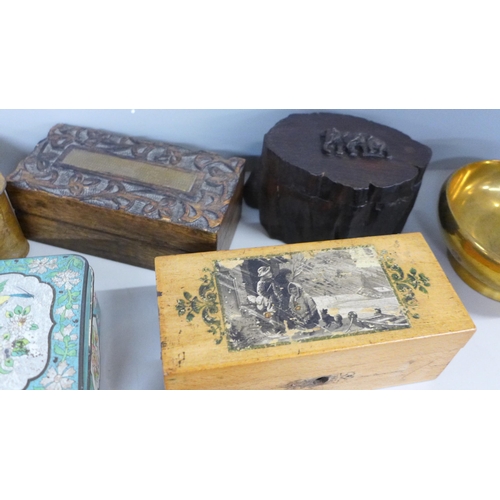 737 - A collection of tins and carved wooden boxes (one containing sea glass) and a bronze bowl