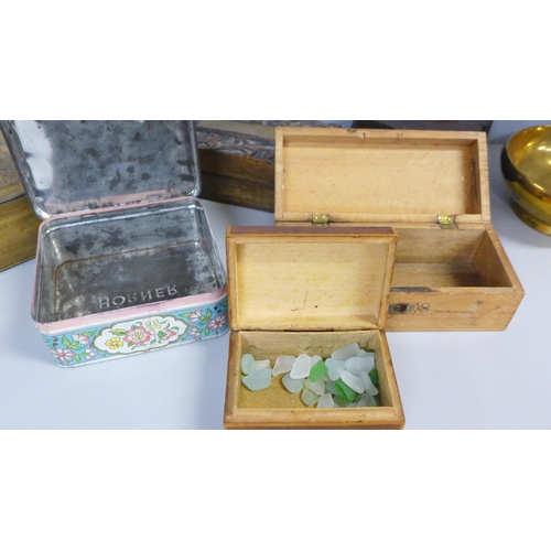 737 - A collection of tins and carved wooden boxes (one containing sea glass) and a bronze bowl