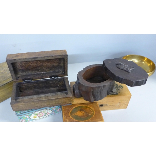 737 - A collection of tins and carved wooden boxes (one containing sea glass) and a bronze bowl