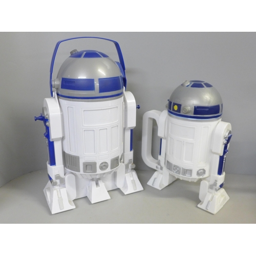 756 - Three circa 2000 Star Wars money boxes and two storage containers