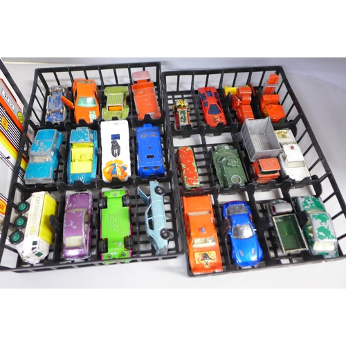 760 - Thirty six playworn Matchbox model vehicles in a carry case, lacking handle