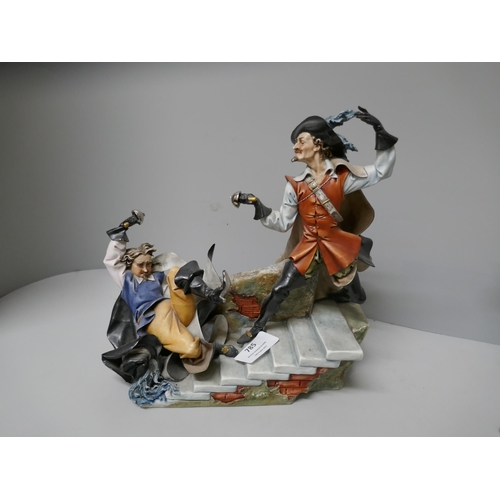 785 - Two Capodimonte figures, Napoleon on Horseback and Two Cavaliers having a Sword Fight, both a/f