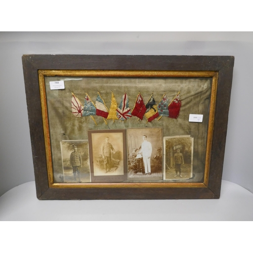 788 - A framed WWI military picture; with needlework flags of Allies and four photographs of soldiers