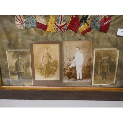 788 - A framed WWI military picture; with needlework flags of Allies and four photographs of soldiers