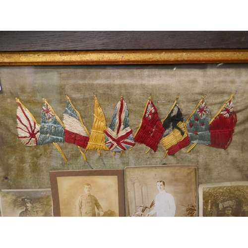 788 - A framed WWI military picture; with needlework flags of Allies and four photographs of soldiers