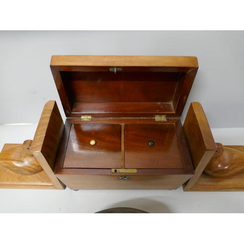 793 - A tea caddy, a pair of wooden duck bookends and a flat iron