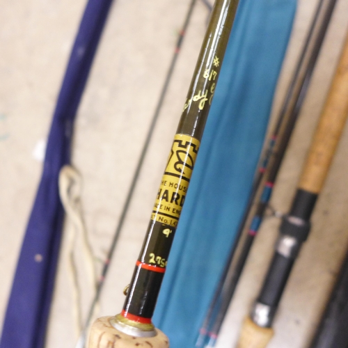 801 - A Hardy 275cm trout rod, a Daiwa graphite salmon rod CF98 12 plus a salmon measuring stick (3)