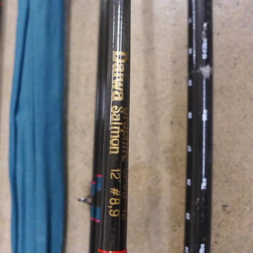 801 - A Hardy 275cm trout rod, a Daiwa graphite salmon rod CF98 12 plus a salmon measuring stick (3)