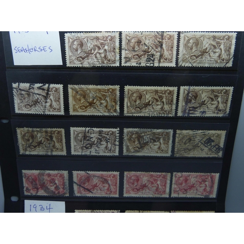 809 - Stamps; stock sheet of Great Britain George V seahorses, both printings