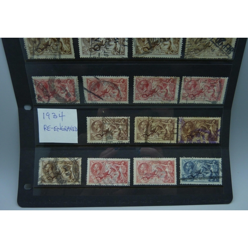 809 - Stamps; stock sheet of Great Britain George V seahorses, both printings