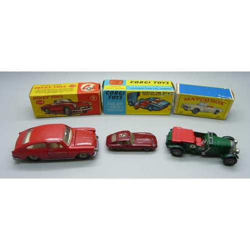 816 - A Lesney 'E' Type Jaguar, a Dinky Toys Volkswagen 1600 TL, Model of Yesteryear by Lesney, and three ... 