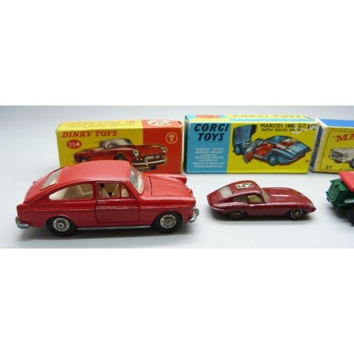 816 - A Lesney 'E' Type Jaguar, a Dinky Toys Volkswagen 1600 TL, Model of Yesteryear by Lesney, and three ... 