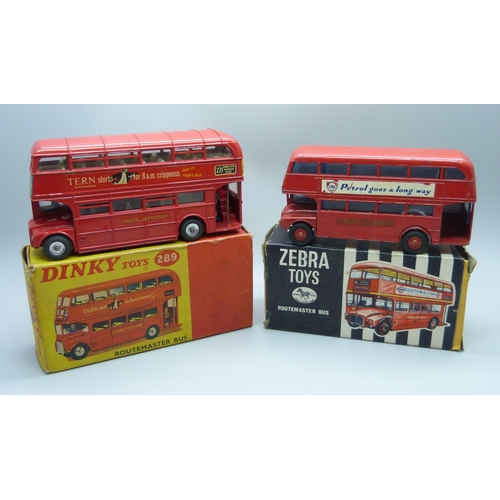 821 - Two model London Routemaster Buses, Dinky Toys 289 and Zebra Toys 30, boxed