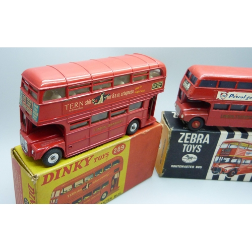 821 - Two model London Routemaster Buses, Dinky Toys 289 and Zebra Toys 30, boxed