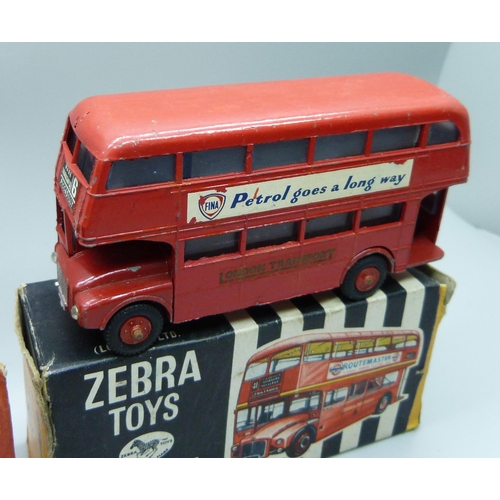 821 - Two model London Routemaster Buses, Dinky Toys 289 and Zebra Toys 30, boxed