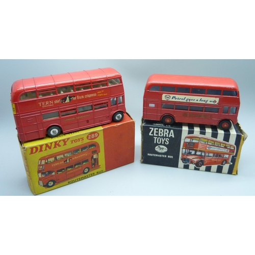 821 - Two model London Routemaster Buses, Dinky Toys 289 and Zebra Toys 30, boxed