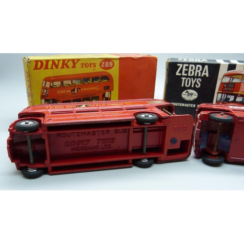 821 - Two model London Routemaster Buses, Dinky Toys 289 and Zebra Toys 30, boxed