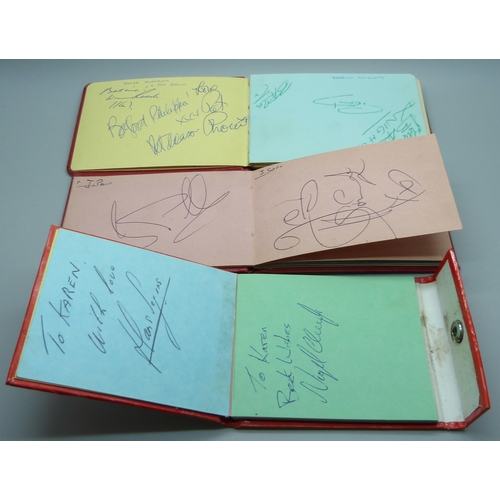 824 - An autograph album, includes Tommy Cooper, Yootha Joyce, Joe Brown, Val Doonican, etc., two other al... 