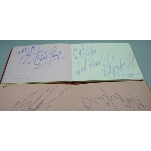 824 - An autograph album, includes Tommy Cooper, Yootha Joyce, Joe Brown, Val Doonican, etc., two other al... 